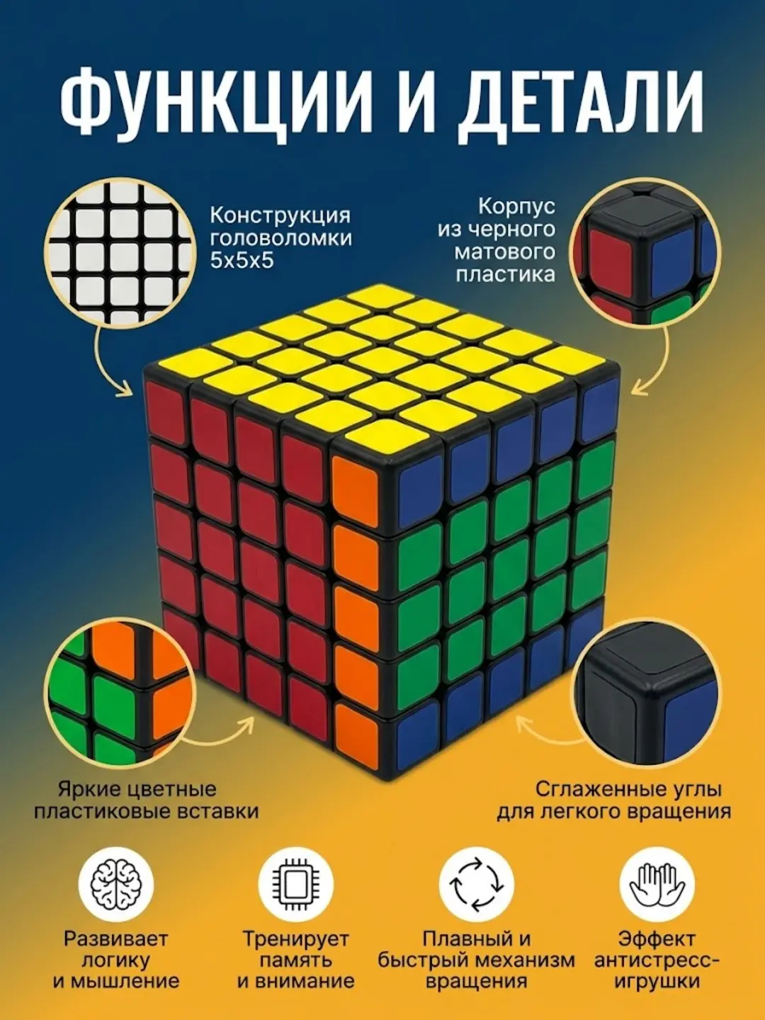 Rubik kubigi 5x5, Takomillashgan boshqotirma, Mantiq va xotirani rivojlantirish uchun, Sifatli plastmassa — 3-rasm