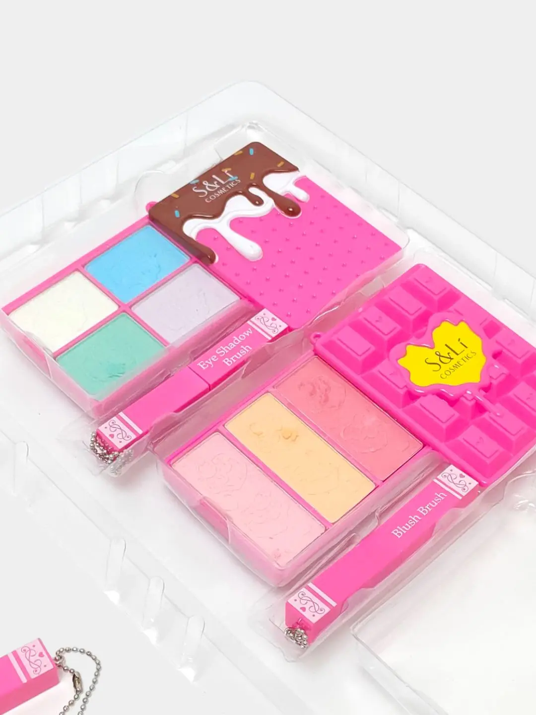 Cutie Makeup Keychain Set bolalar kosmetikasi, Brembok + ten palitrasi, ruzyana, yaltiroq, 5+ qizlar uchun, Xavfsiz formula — 5-rasm
