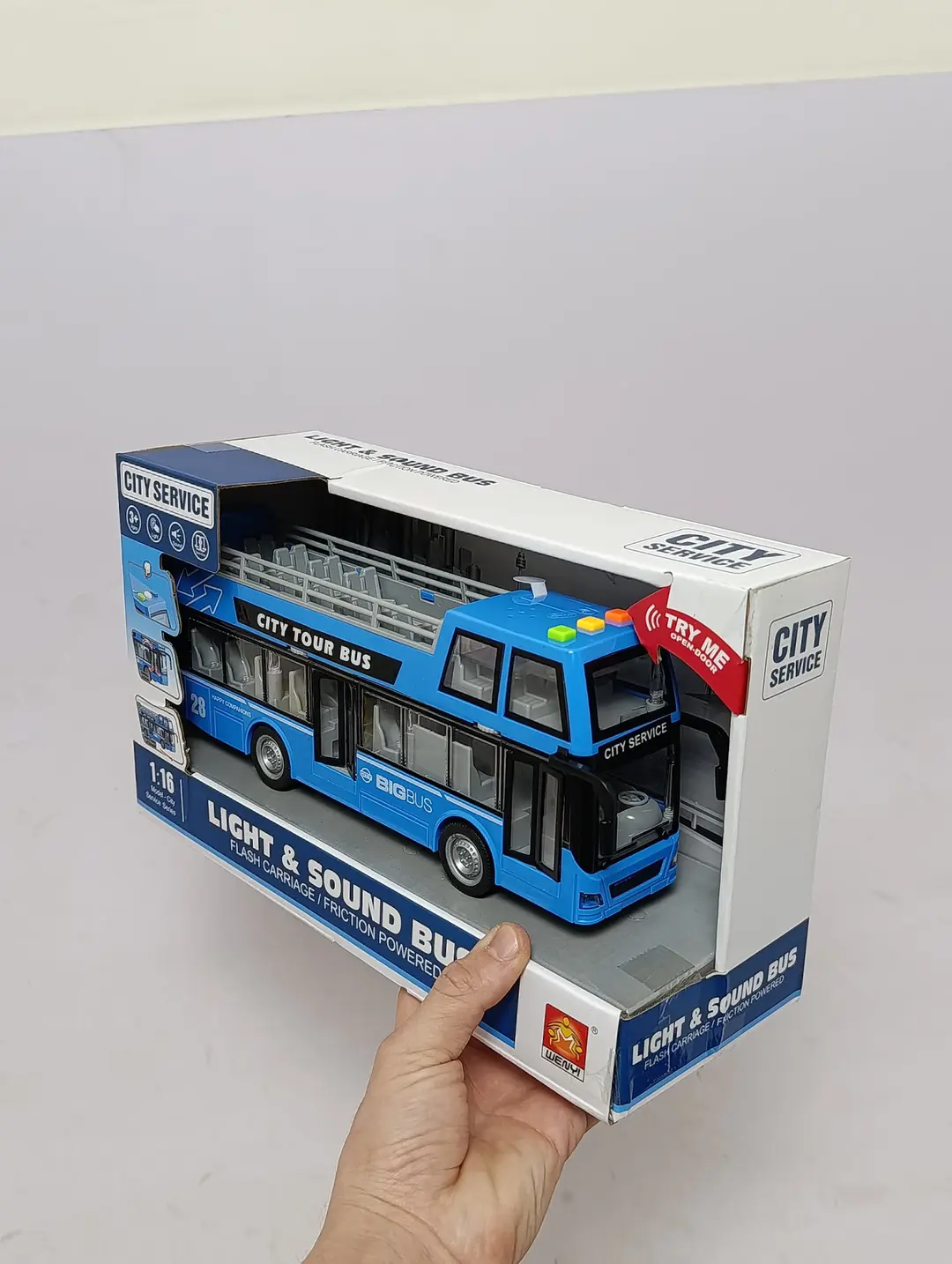City Tour Bus WENYI 1:16 inersion ikki qavatli ochiq avtobus chiroq va ovozli o'yinchoq