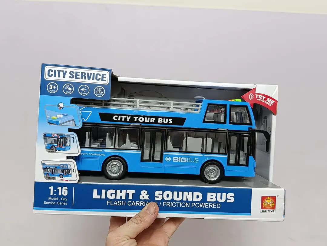 City Tour Bus WENYI 1:16 inersion ikki qavatli ochiq avtobus chiroq va ovozli o'yinchoq — 2-rasm
