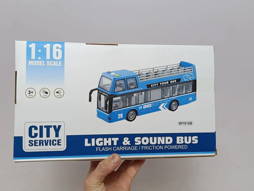 City Tour Bus WENYI 1:16 inersion ikki qavatli ochiq avtobus chiroq va ovozli o'yinchoq — 3-rasm