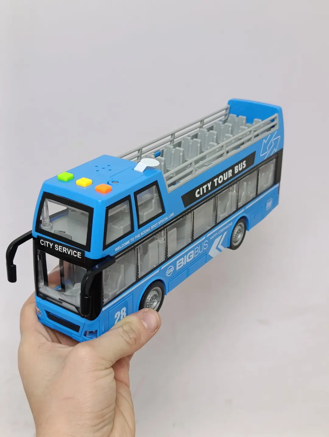 City Tour Bus WENYI 1:16 inersion ikki qavatli ochiq avtobus chiroq va ovozli o'yinchoq — 4-rasm