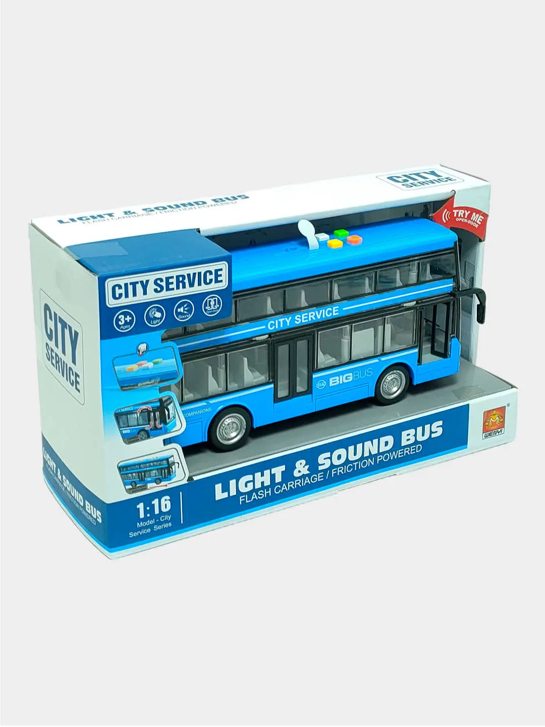 Ikki qavatli inersion avtobus WENYI CITY 1:16 chiroqli, ovozli va eshiklari ochiladigan