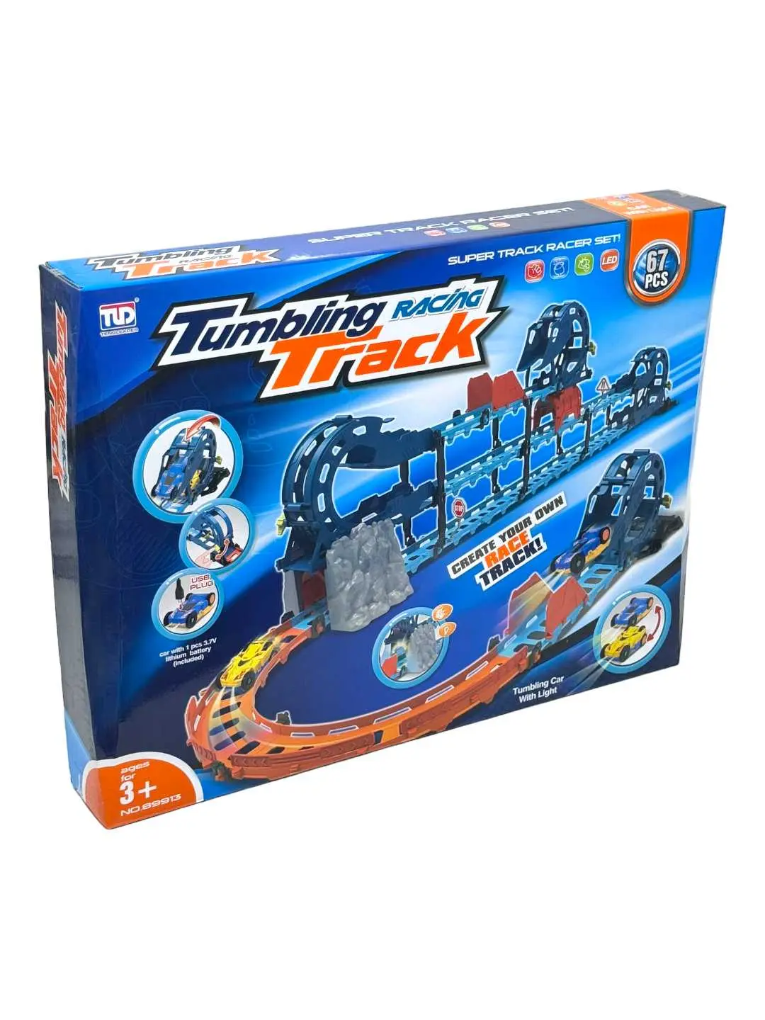 Tumbling Racing poyga treki, 67 detal, 3 yoshdan oshgan bolalar uchun, LED mashina bilan