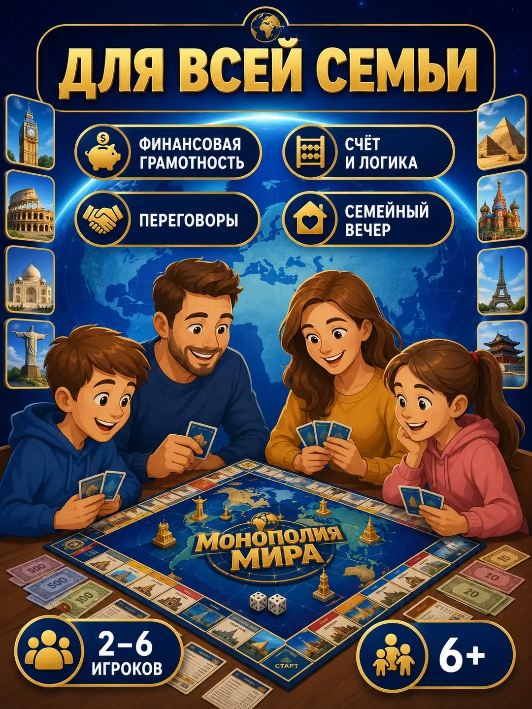 Dunyo Monopoliya stol o'yini, oila uchun iqtisodiy strategiya, moliyaviy savodxonlikni rivojlantiradi, 6+ yosh — 5-rasm