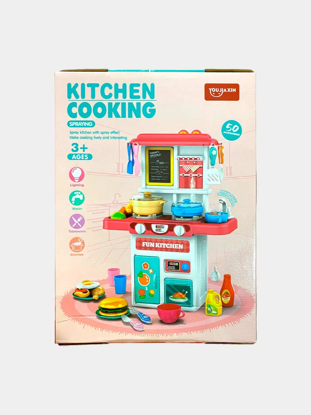 Fun Kitchen o'yinchoq oshxonasi, bug' effektli va 50 ta aksessuarli, 3 yoshdan katta bolalar uchun