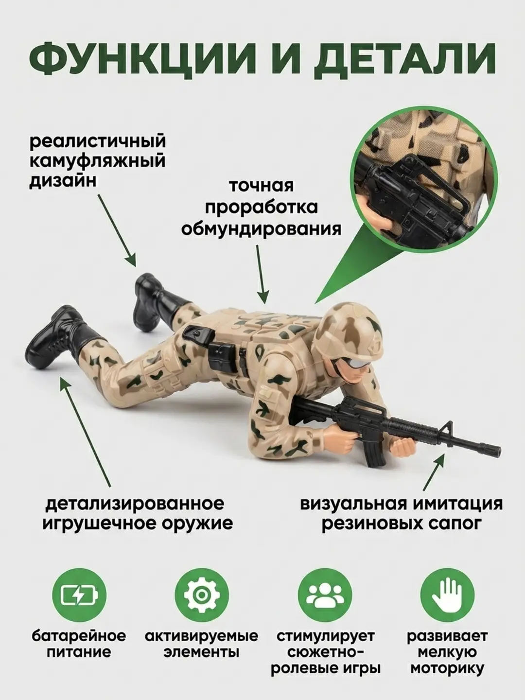 Askariylar figurasi Yotgan Harbiy Kuch (Military Force), Batareykada ishlaydi, 3+ yoshli bolalar uchun, Realistik dizayn — 3-rasm