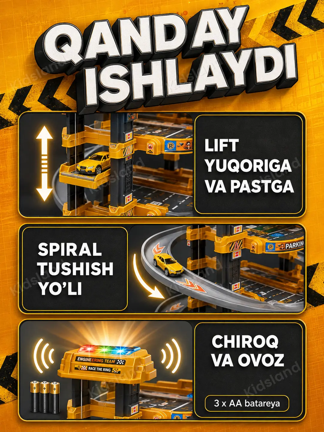 Garage City ko'p qavatli o'yin to'plami, Mashinalar va liftli avtobekati, 3 yoshdan oshgan bolalar uchun