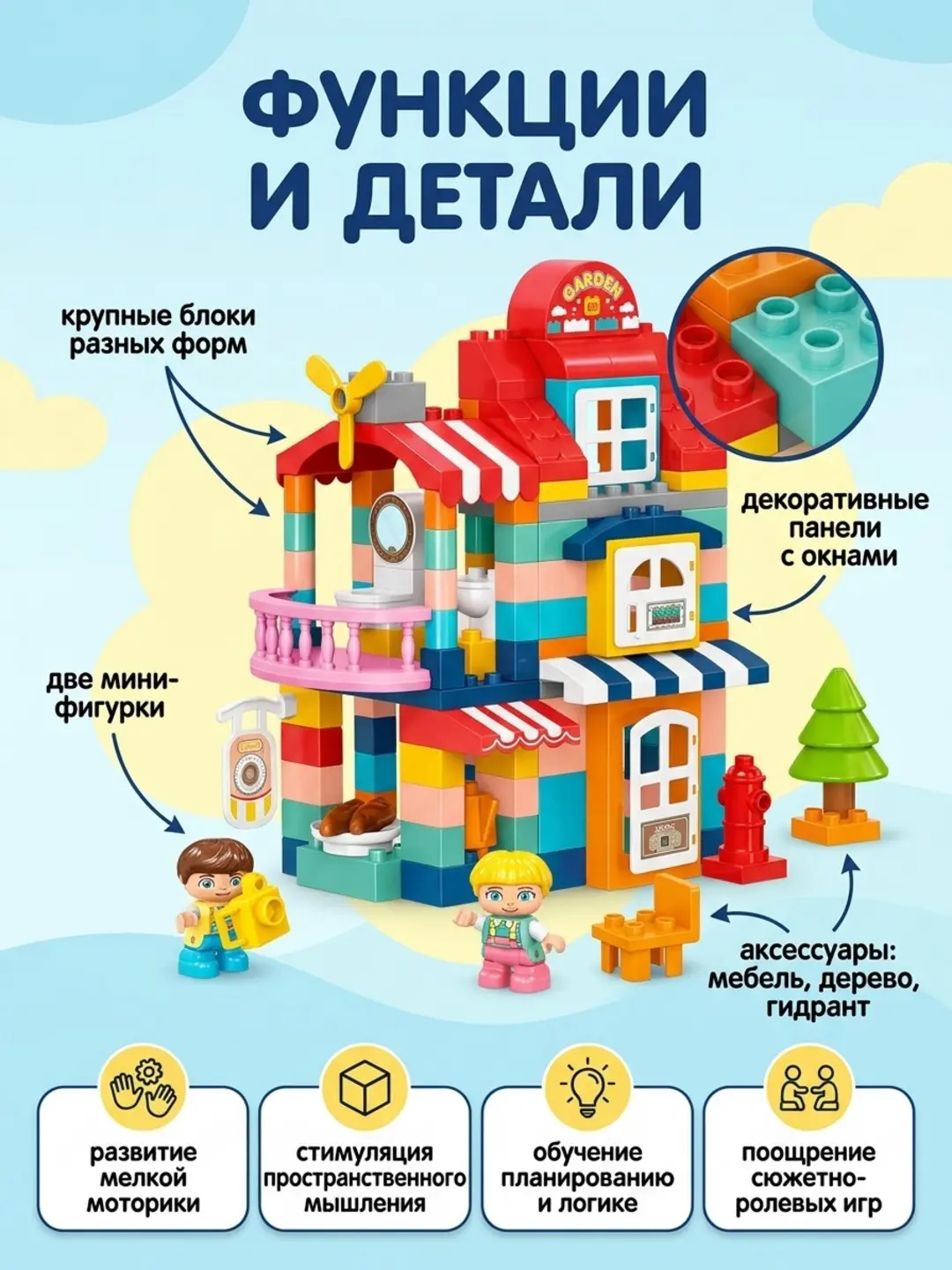 Grand Villa Creative Blocks World konstruktori, 132 katta detal, 3 yoshdan katta bolalar uchun, Motorika va mantiqni rivojlantiradi — 3-rasm
