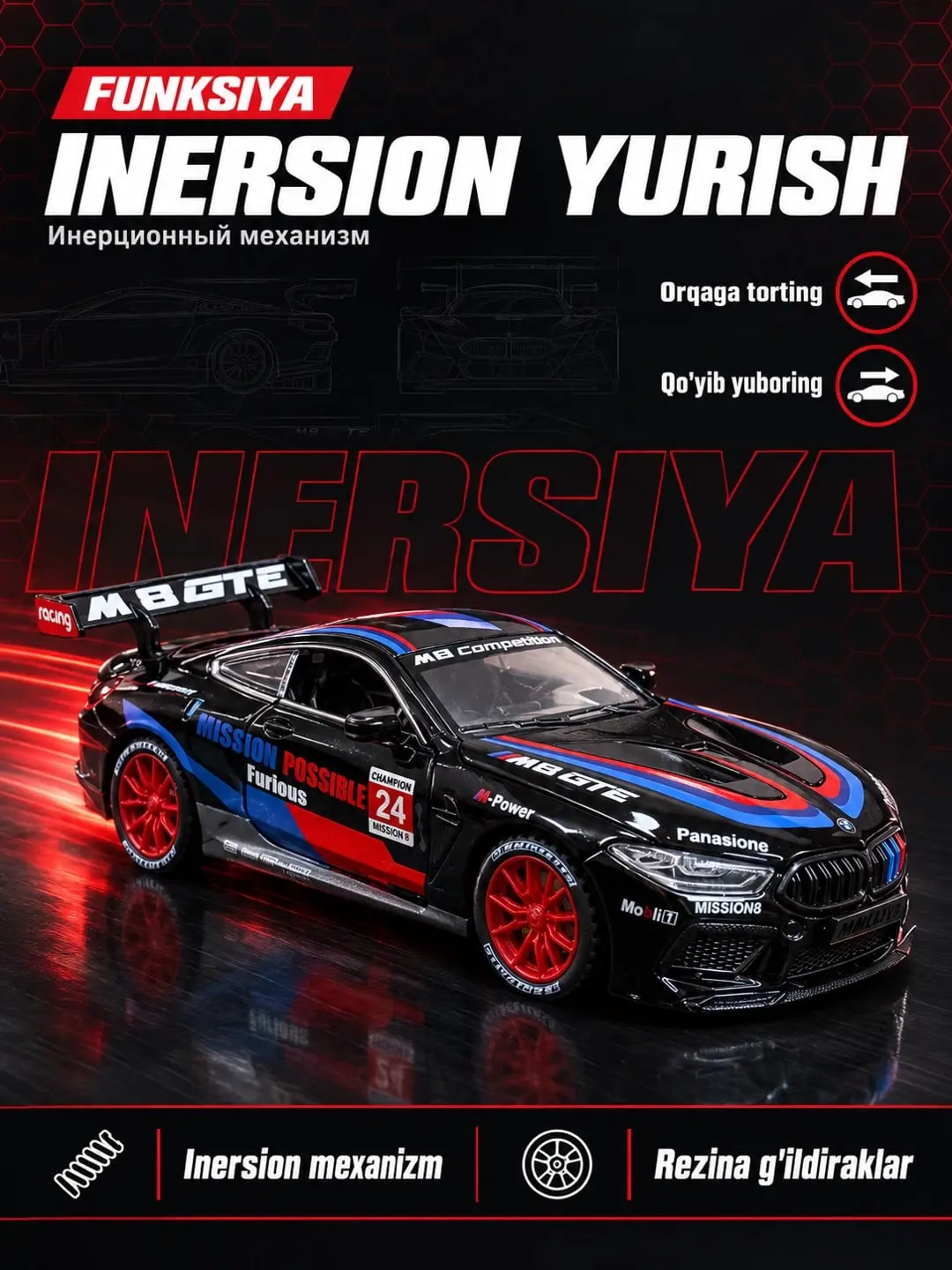 BMW M8 GTE metall model poyga mashinasi 1:24 Miniauto kolleksiya o'yinchog'i — 4-rasm