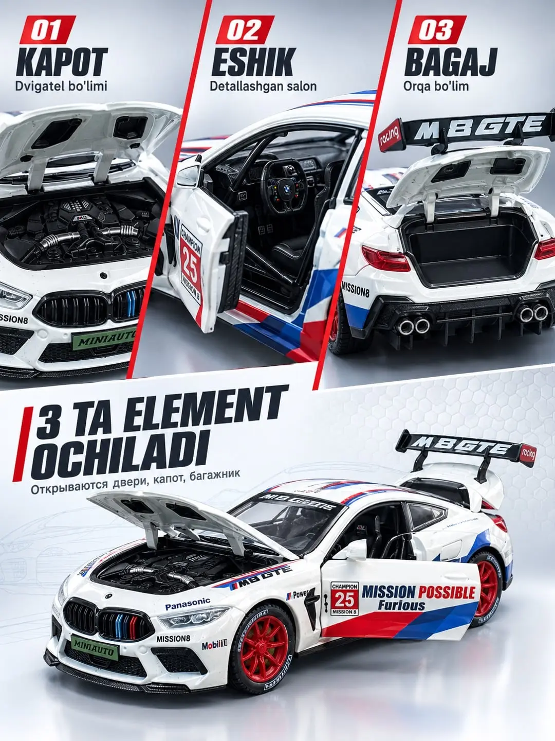 BMW M8 GTE metall model poyga mashinasi 1:24 Miniauto kolleksiya o'yinchog'i — 9-rasm