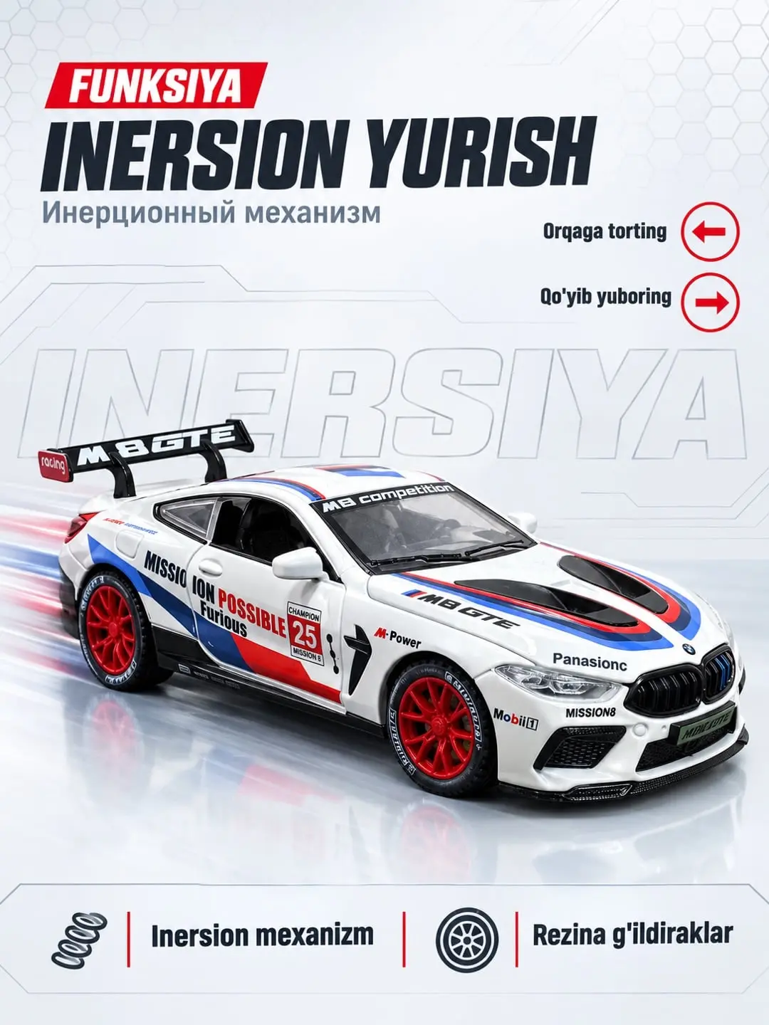 BMW M8 GTE metall model poyga mashinasi 1:24 Miniauto kolleksiya o'yinchog'i — 10-rasm