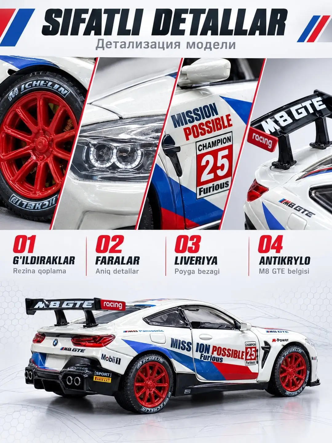 BMW M8 GTE metall model poyga mashinasi 1:24 Miniauto kolleksiya o'yinchog'i — 12-rasm