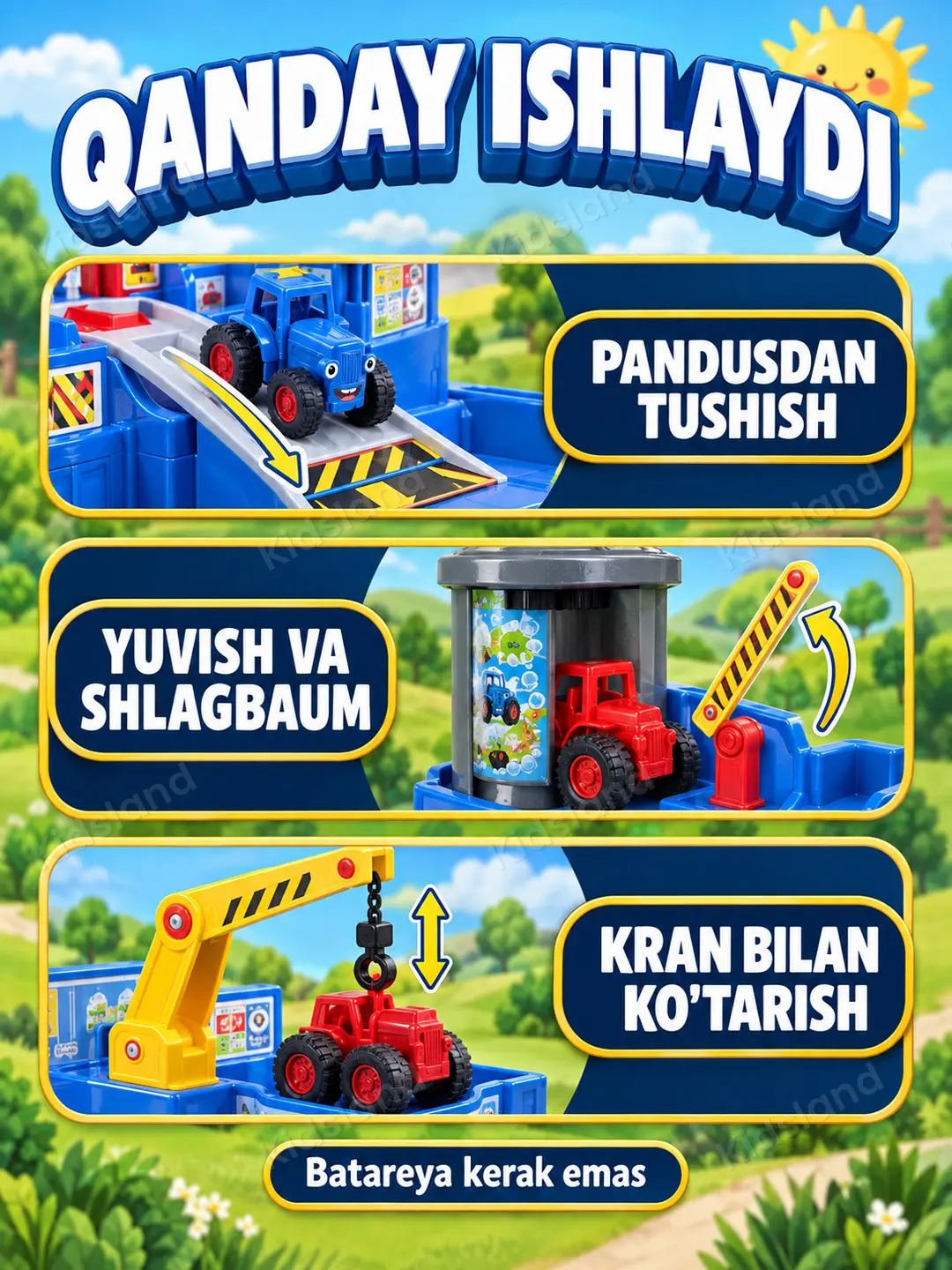 O'yinchoq Garaj to'plami Moviy Traktor, Avaqatgoh, yuvish, yonilg'i quyish, 3 yoshdan oshgan bolalar uchun, Motorika rivojlanishi — 3-rasm