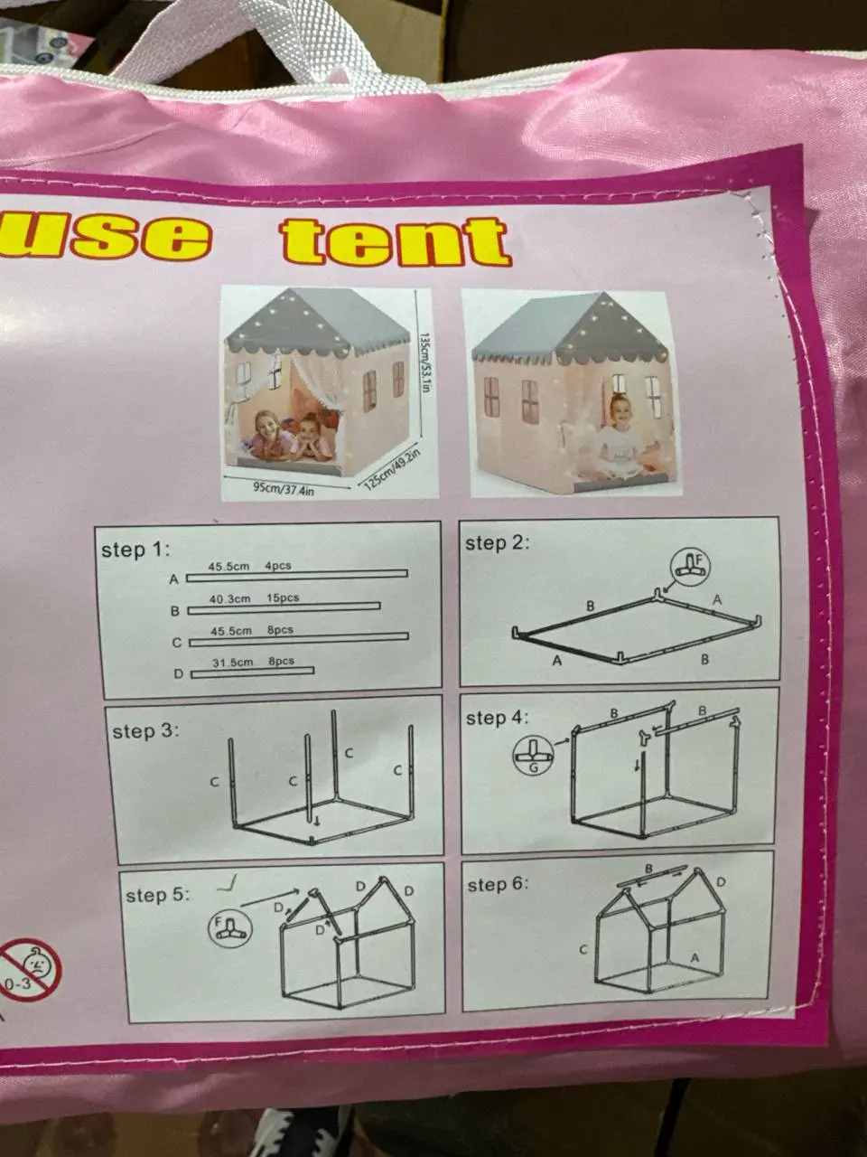 Bolalar o'yin chodiri Uyacha, 125х95х135 sm sumka bilan, Qizlar va o'g'il bolalar uchun, Pushti qasr — 5-rasm