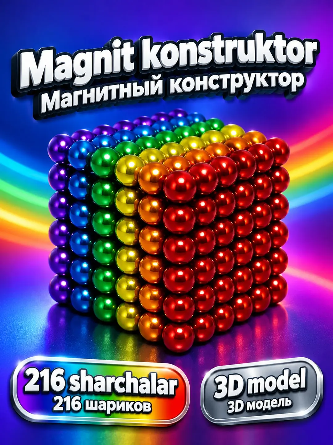 Магнитный конструктор Неокуб радужный, 3D модели, Для подростков и школьников, STEM игрушка