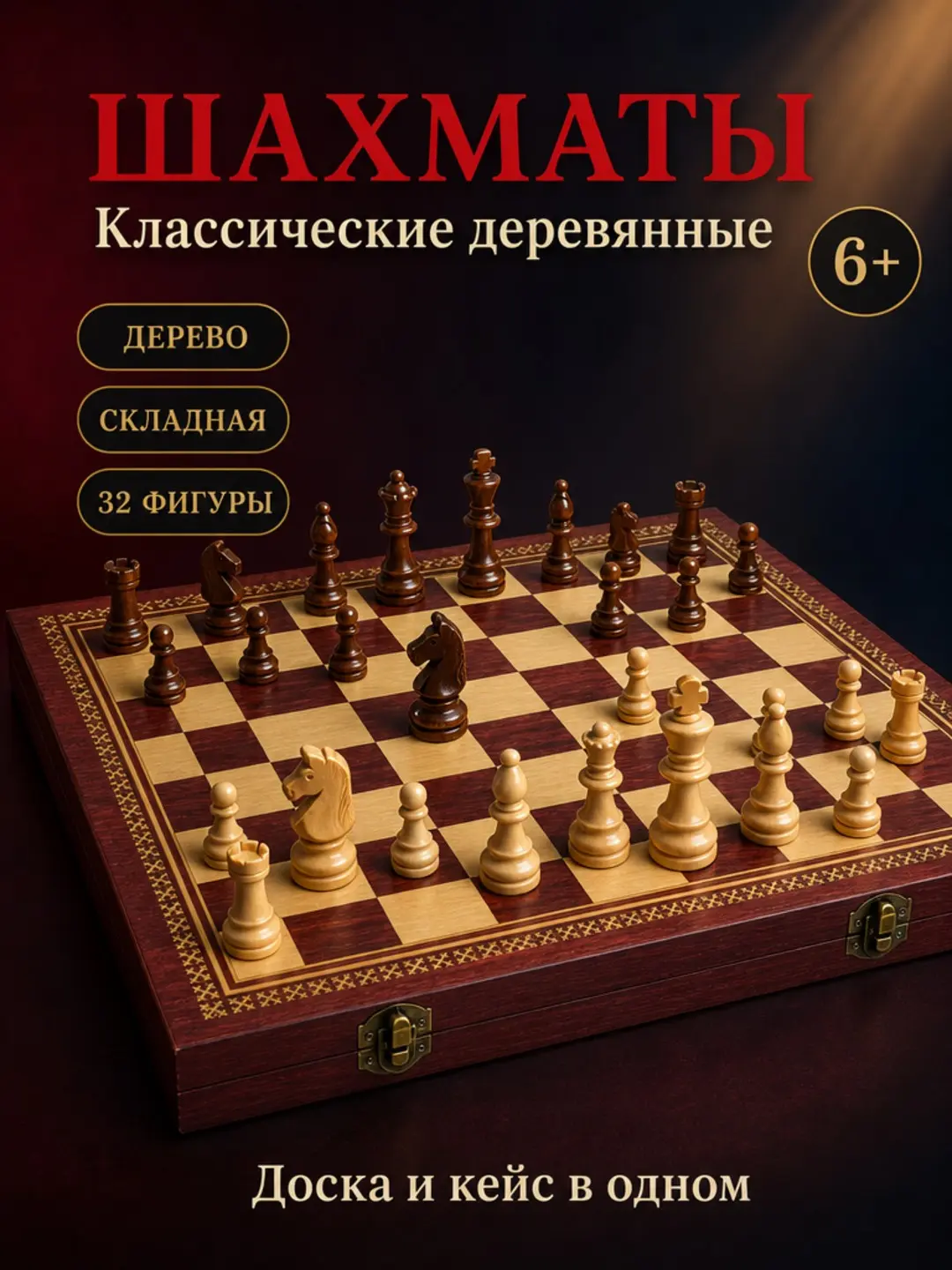 Шахматы деревянные  красный/золотой развивающие для детей.