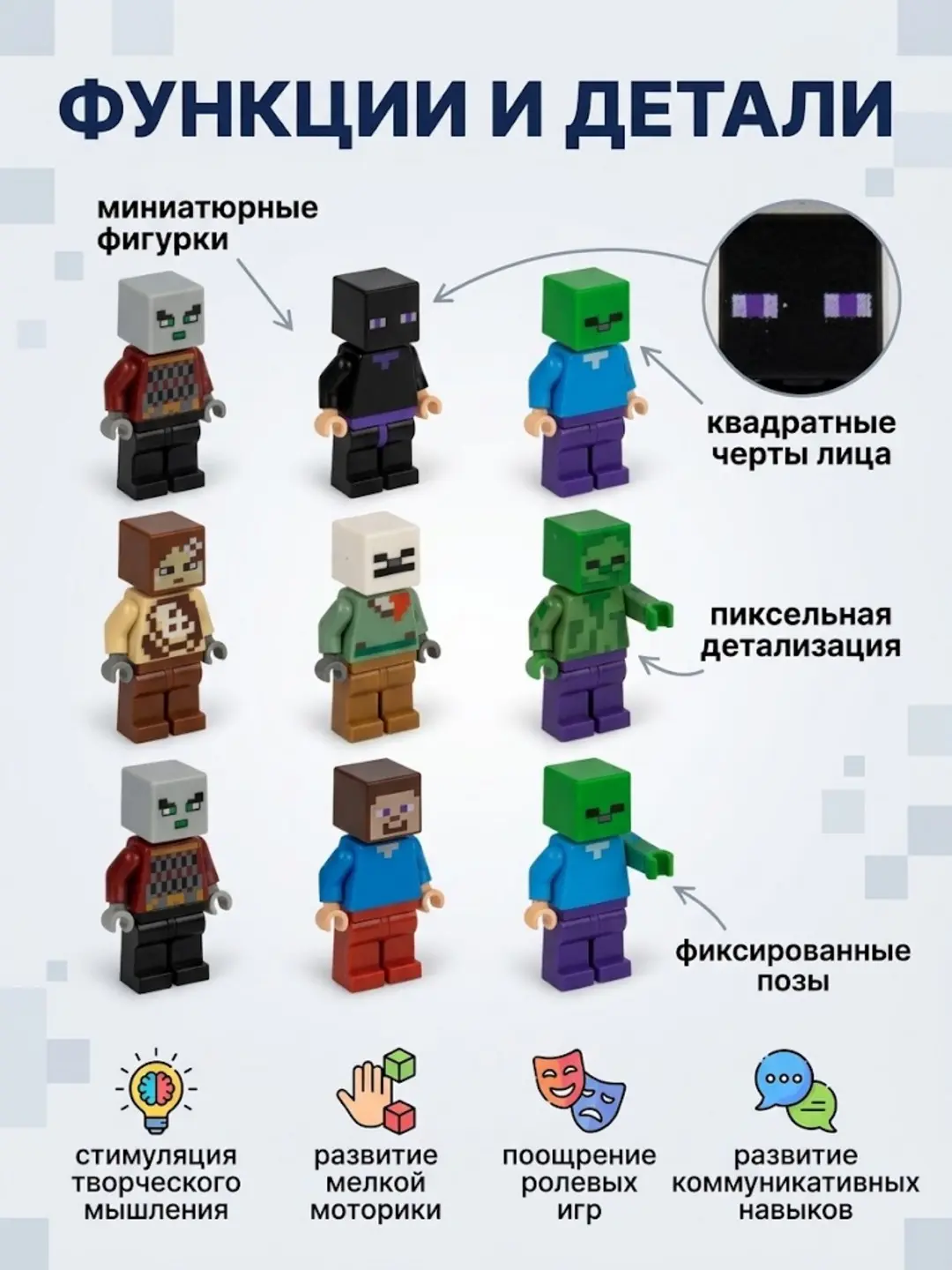 Minecraft minifiquralar to'plami, 12 dona, Pikselli uslub, 3+ yoshli bolalar uchun, Motorika rivojlanishi — 3-rasm