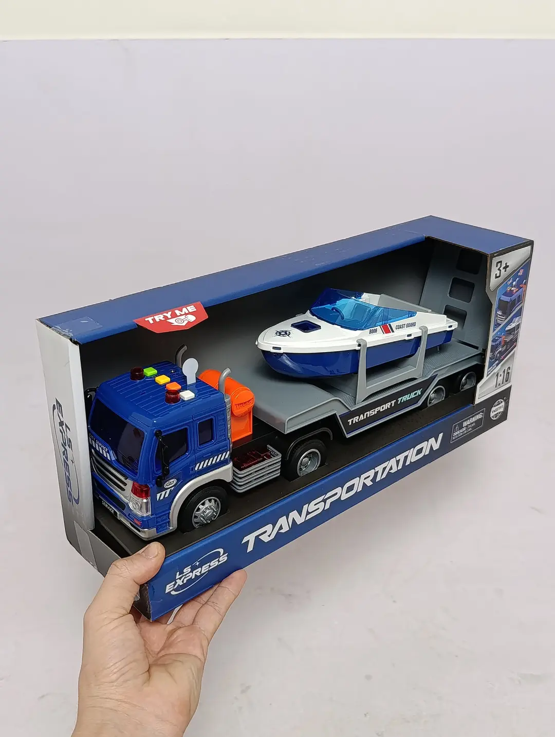 Treyler va qayiq LS Express, chiroqli va ovozli inersion yuk mashinasi va kater, 1:16
