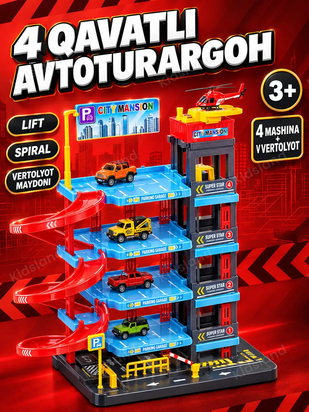 O'yin to'plami Garaj avtoturargoh Auto Building 4 qavatli, lift va 5 mashina bilan