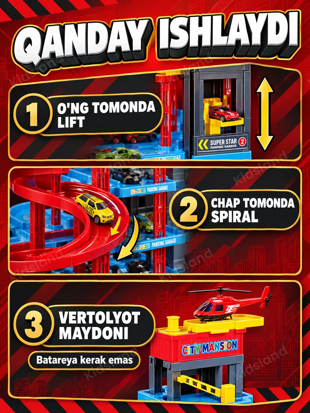 O'yin to'plami Garaj avtoturargoh Auto Building 4 qavatli, lift va 5 mashina bilan — 3-rasm