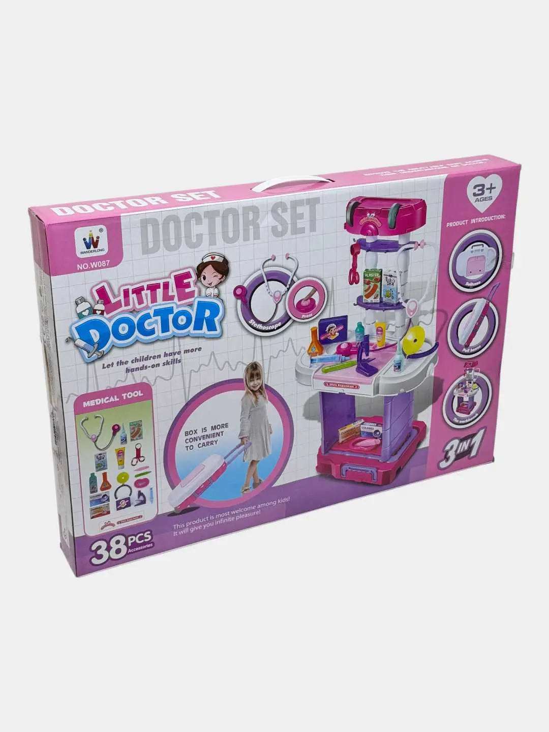Little Doctor 3в1 shifokor to'plami, Tibbiy stantsiya va aksessuarlar bilan arava, 3 yoshdan boshlab bolalar uchun rol o'yinlari