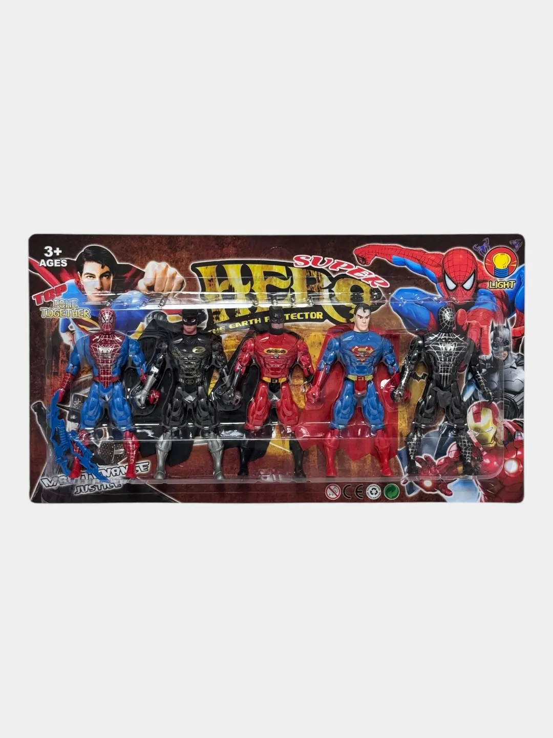 Qahramonlar to'plami 5 tasi 1 da nurli figuralar, Betmen, O'rgimchak-odam, Supermen