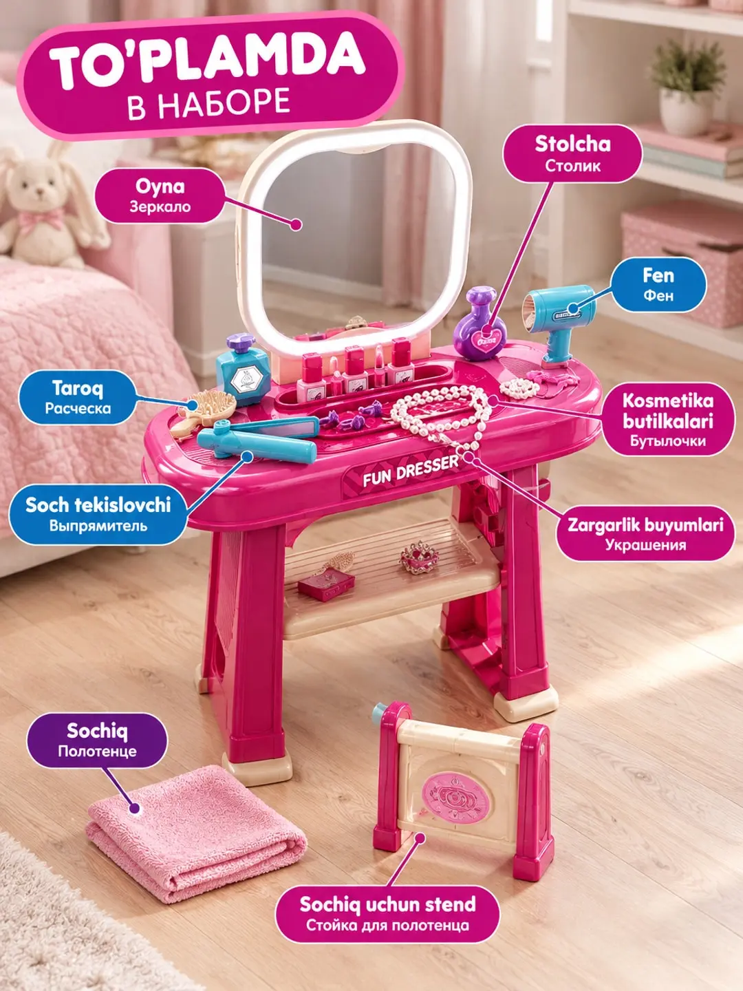 Funny Dresser o'yinchoq stolchasi, yorug'lik va musiqa bilan, 3 yoshdan qizlar uchun, xavfsiz aksessuarlar bilan Ko'zgu Kosmetik stolchasi — 2-rasm