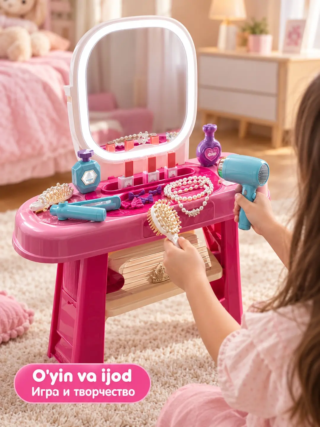 Funny Dresser o'yinchoq stolchasi, yorug'lik va musiqa bilan, 3 yoshdan qizlar uchun, xavfsiz aksessuarlar bilan Ko'zgu Kosmetik stolchasi — 5-rasm