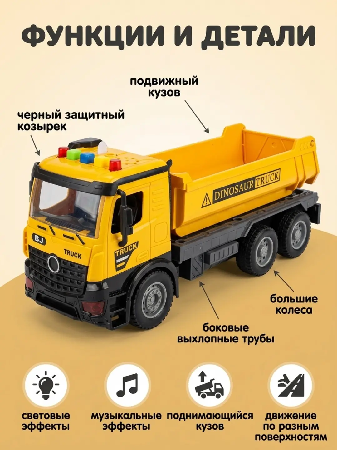 Project Trucks Qurilish samosvali, Yorug'lik va musiqa, 3 yoshdan oshgan bolalar uchun, Rivojlantiruvchi o'yinchoq — 3-rasm