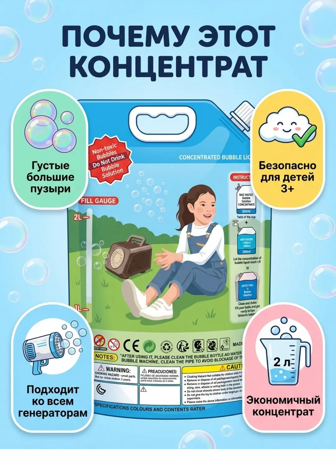 Sovunli pufakchalar uchun konsentrat 200ml, Generator va o'yinchoqlar uchun, 3 yoshdan bolalarga, Xavfsiz tarkib — 3-rasm