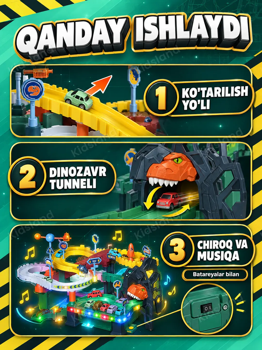 Dinosaur Space Orbit interaktiv avtotreki, Liftli parkovka va mashinalar, 3 yoshdan oshiq o'g'il bolalar uchun — 4-rasm