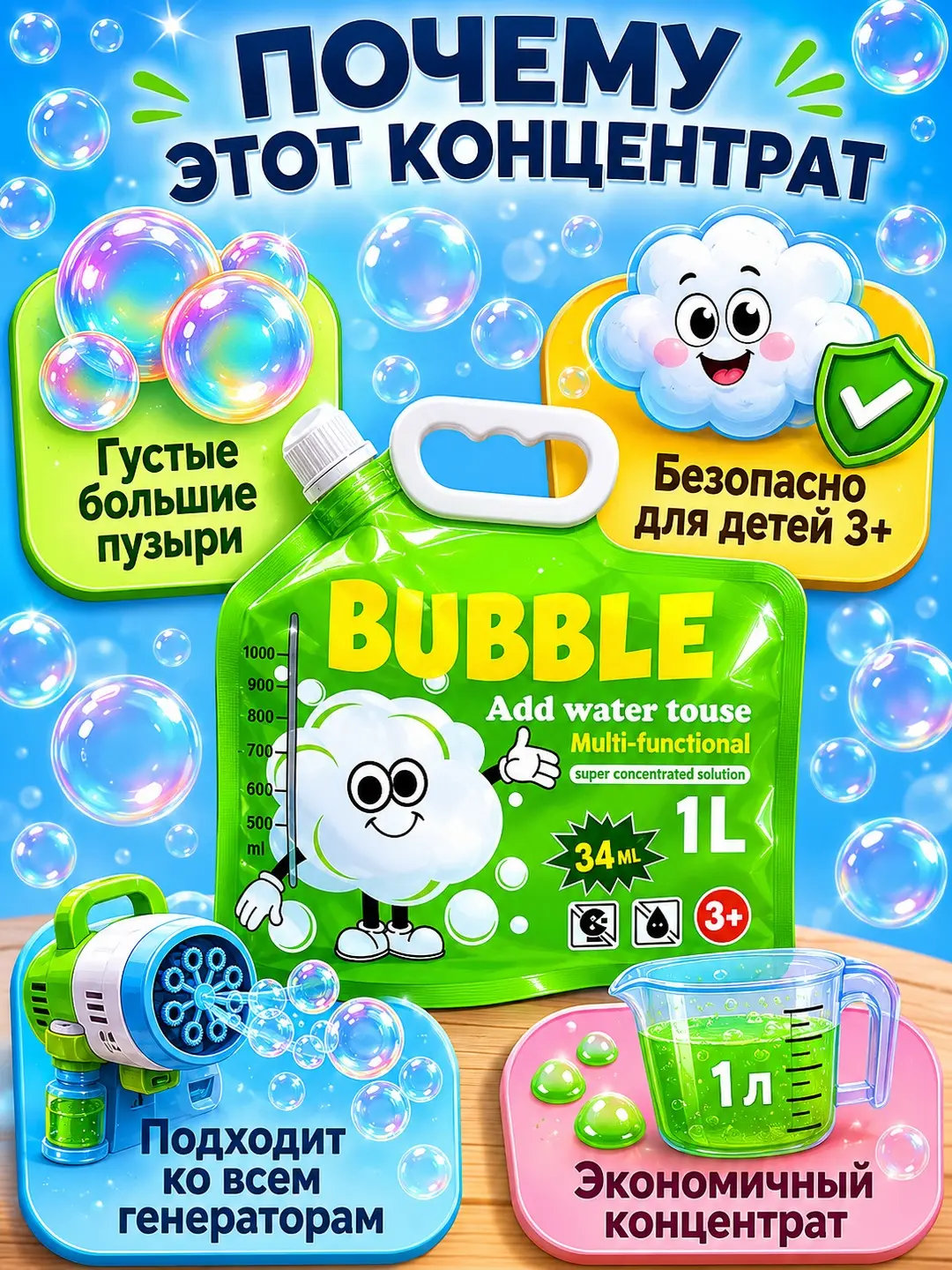 Sovunli pufaklar konsentrati, Gigant shou va generatorlar uchun suyuqlik, 3 yoshdan boshlab — 3-rasm
