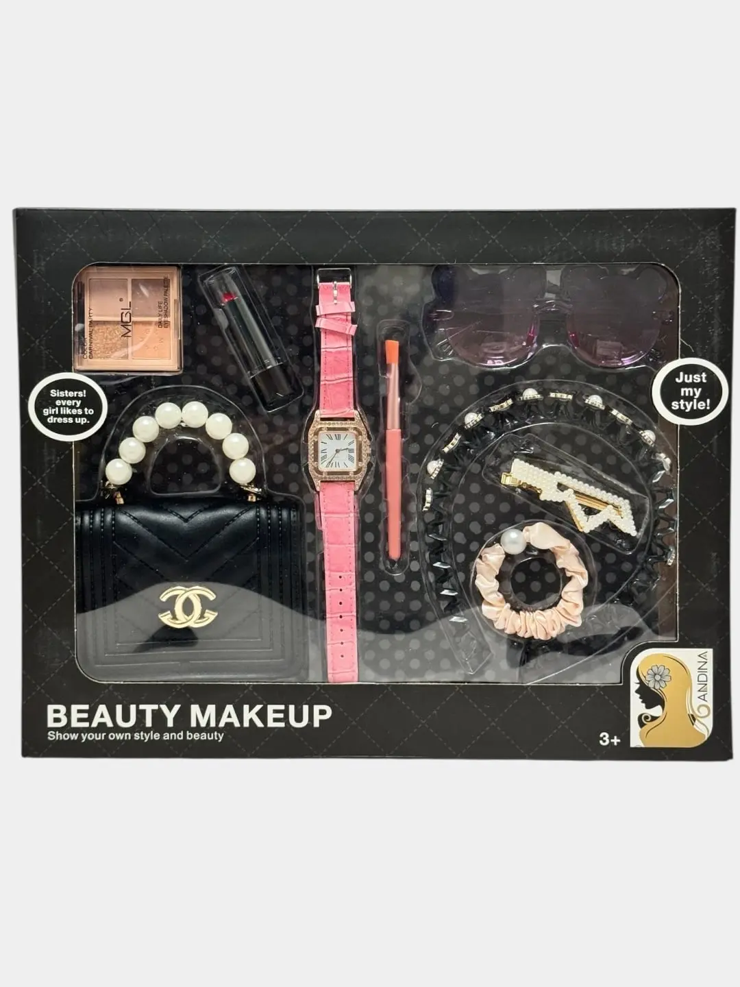 Qizlar uchun aksessuarlar to'plami Beauty Makeup sumka, soat va ko'zoynak bilan — 2-rasm