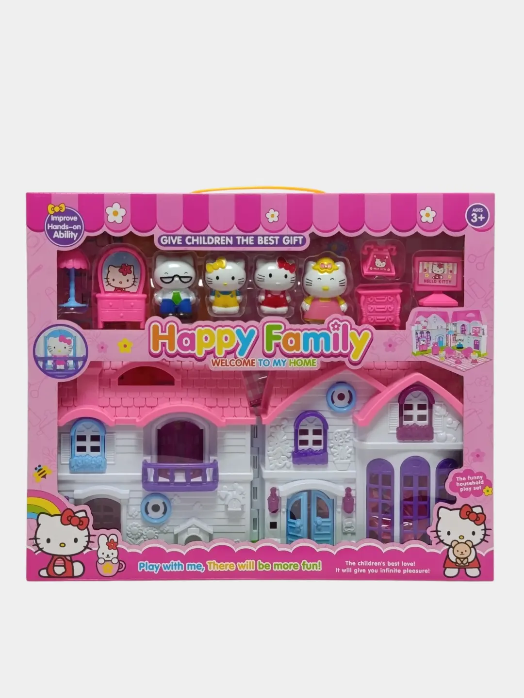 Hello Kitty o'yin to'plami ikki qavatli yig'iladigan qo'g'irchoq uyi mebel va figuralar — 2-rasm