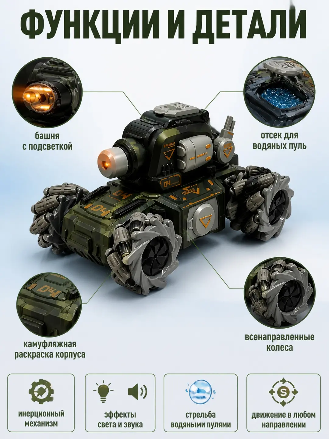 Glitter Tank Mecha masofadan boshqariladigan tank, suvli o‘q va yorug‘lik, 6+ yoshli o‘g‘il bolalar uchun — 3-rasm