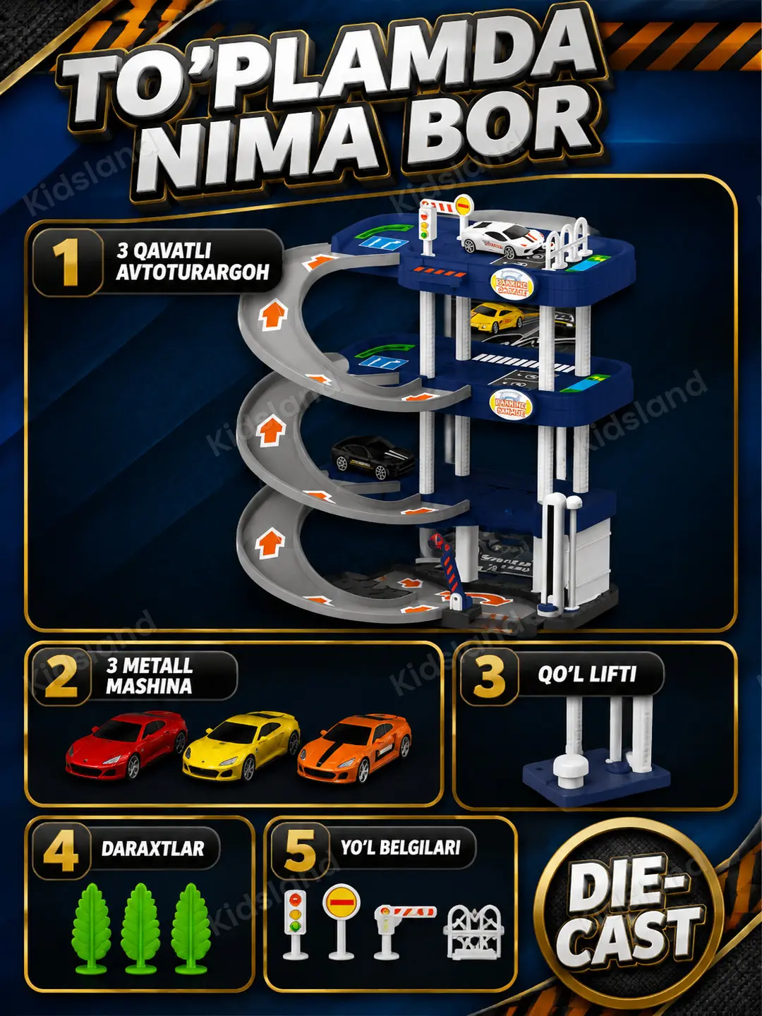 Sportkarlar uchun garaj Jin Yi Toys, liftli uch qavatli parking va chiroqli o'yinchoq — 2-rasm