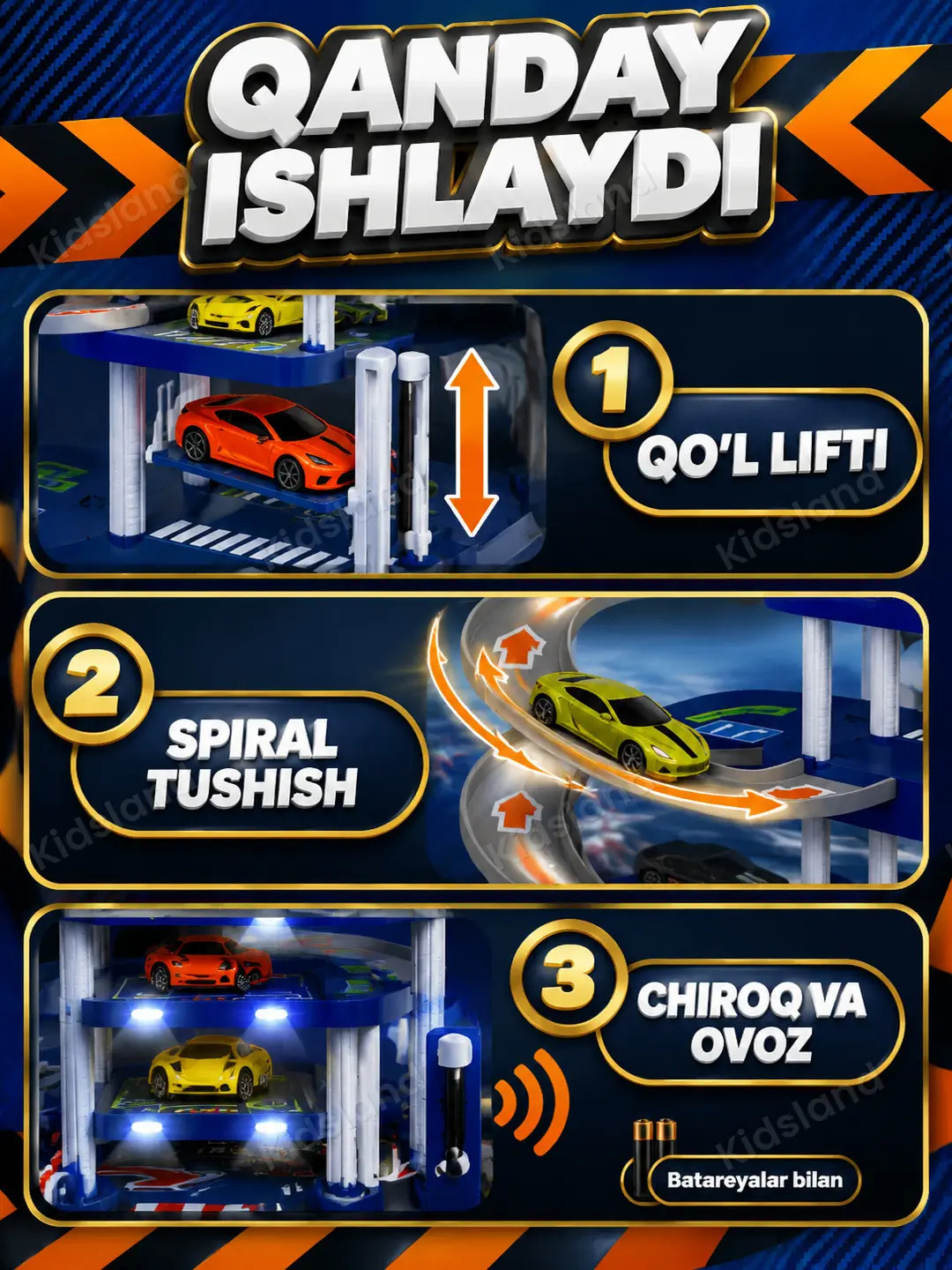 Sportkarlar uchun garaj Jin Yi Toys, liftli uch qavatli parking va chiroqli o'yinchoq — 3-rasm