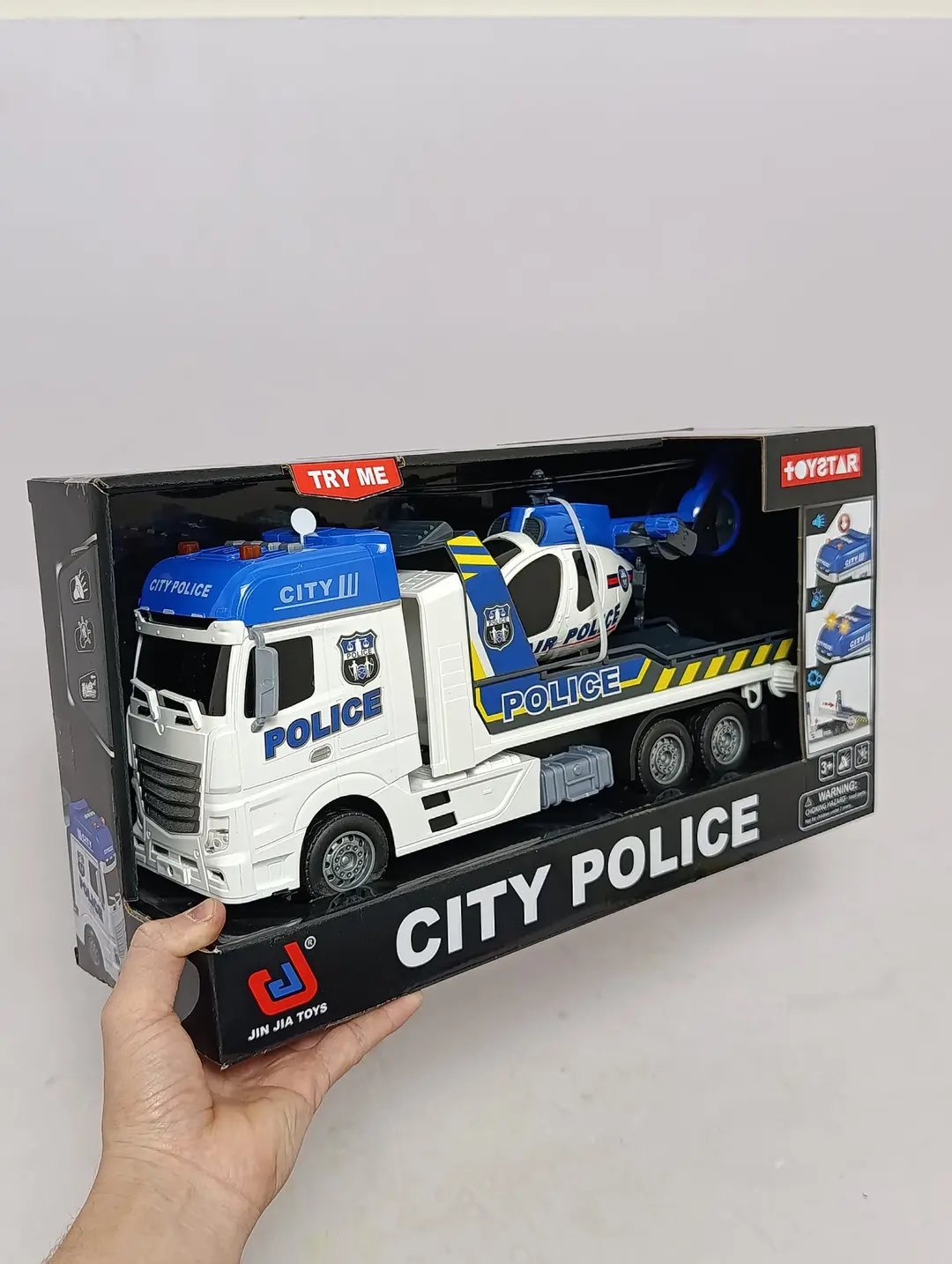 Politsiya evakuator mashinasi va vertolyot City Police, chiroqli va ovozli o'yinchoq to'plami