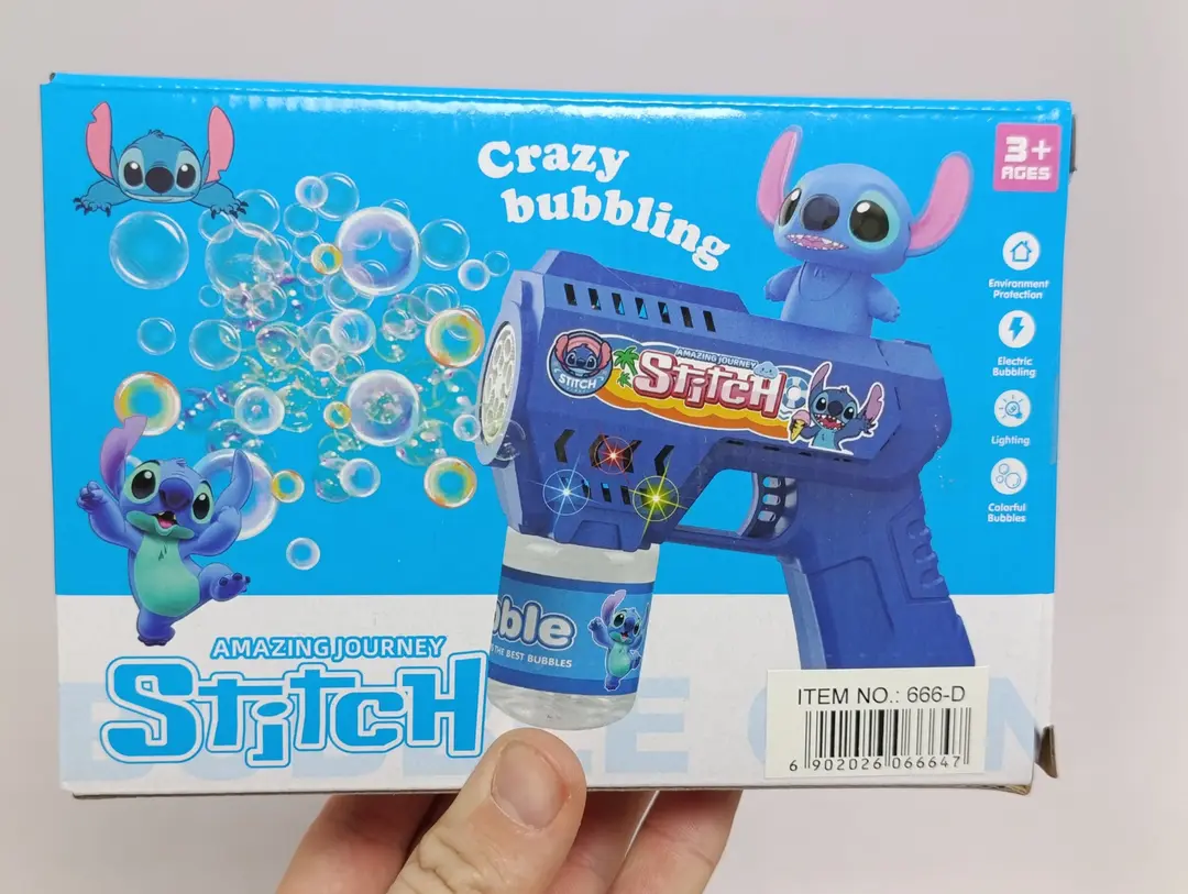 Avtomatik elektr sovunli pufakchalar to'pponchasi Stich, chiroqli bolalar o'yinchog'i — 2-rasm