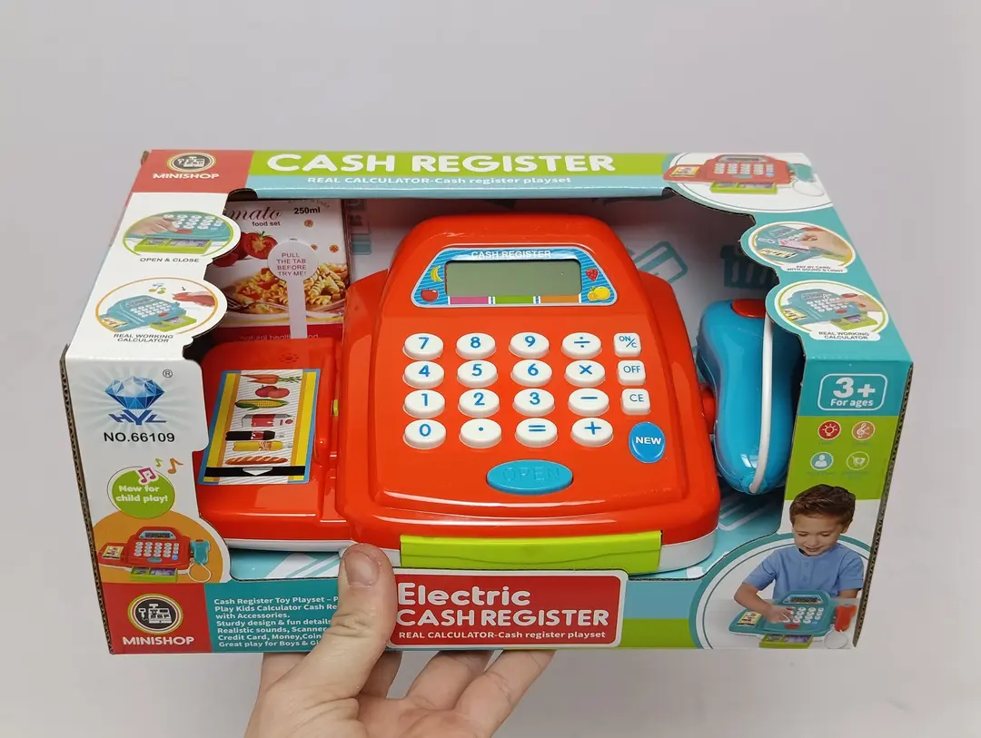 MINISHOP aqlli kassasi chiroq va ovozli, kalkulyator, skaner, batareykalar to'plamda — 2-rasm