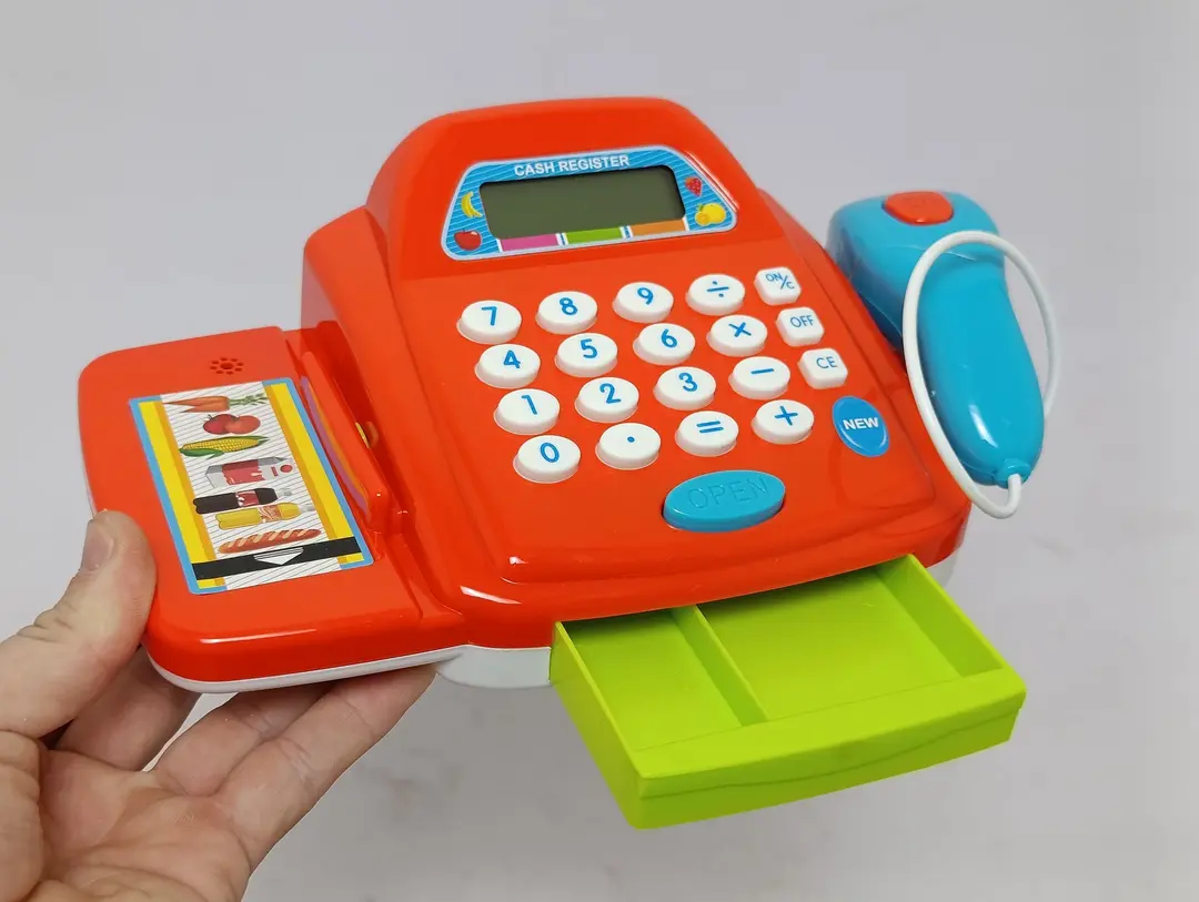 MINISHOP aqlli kassasi chiroq va ovozli, kalkulyator, skaner, batareykalar to'plamda — 7-rasm