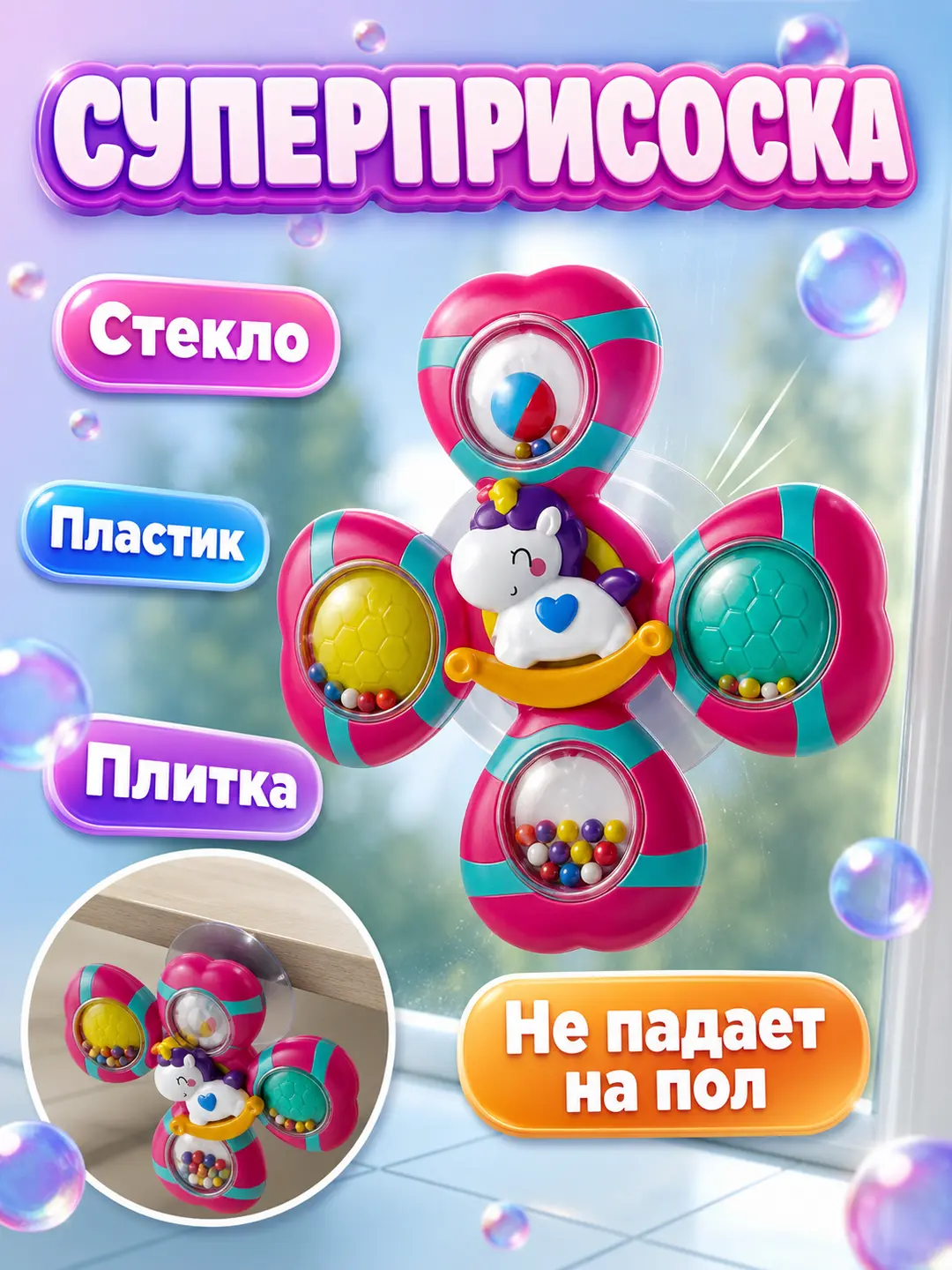 Сенсорный набор спиннеров Единорожки на присосках, Погремушка и поп-ит для ванной, Развивающая игрушка малышам — фото 3