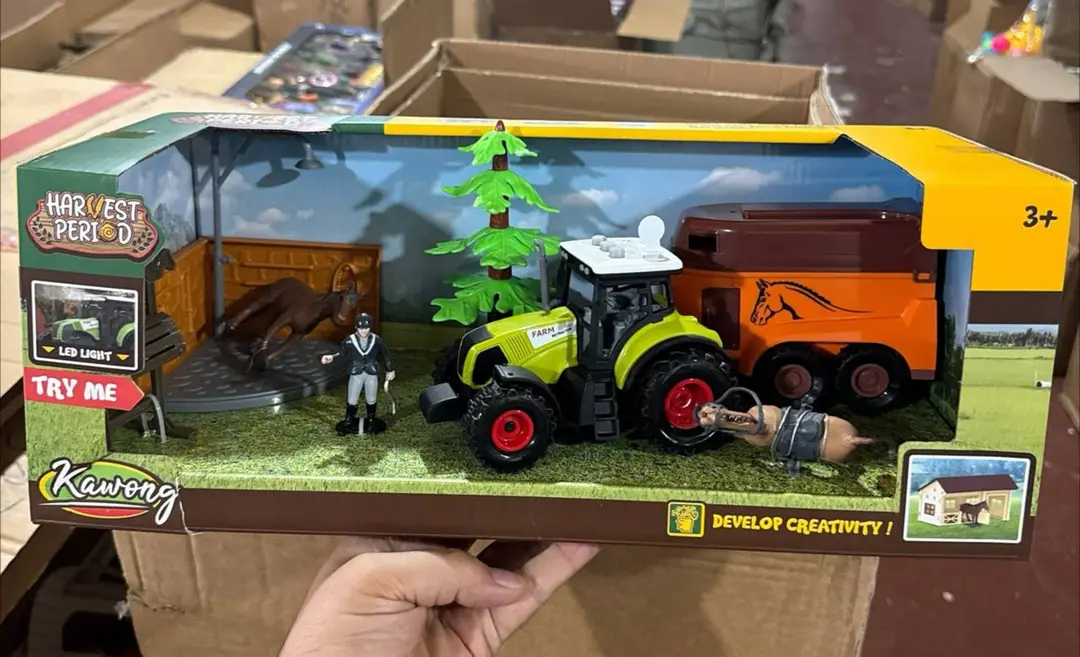 Ferma o'yin to'plami, Tirkamali traktor va otlar, Chiroqli, Bolalar uchun