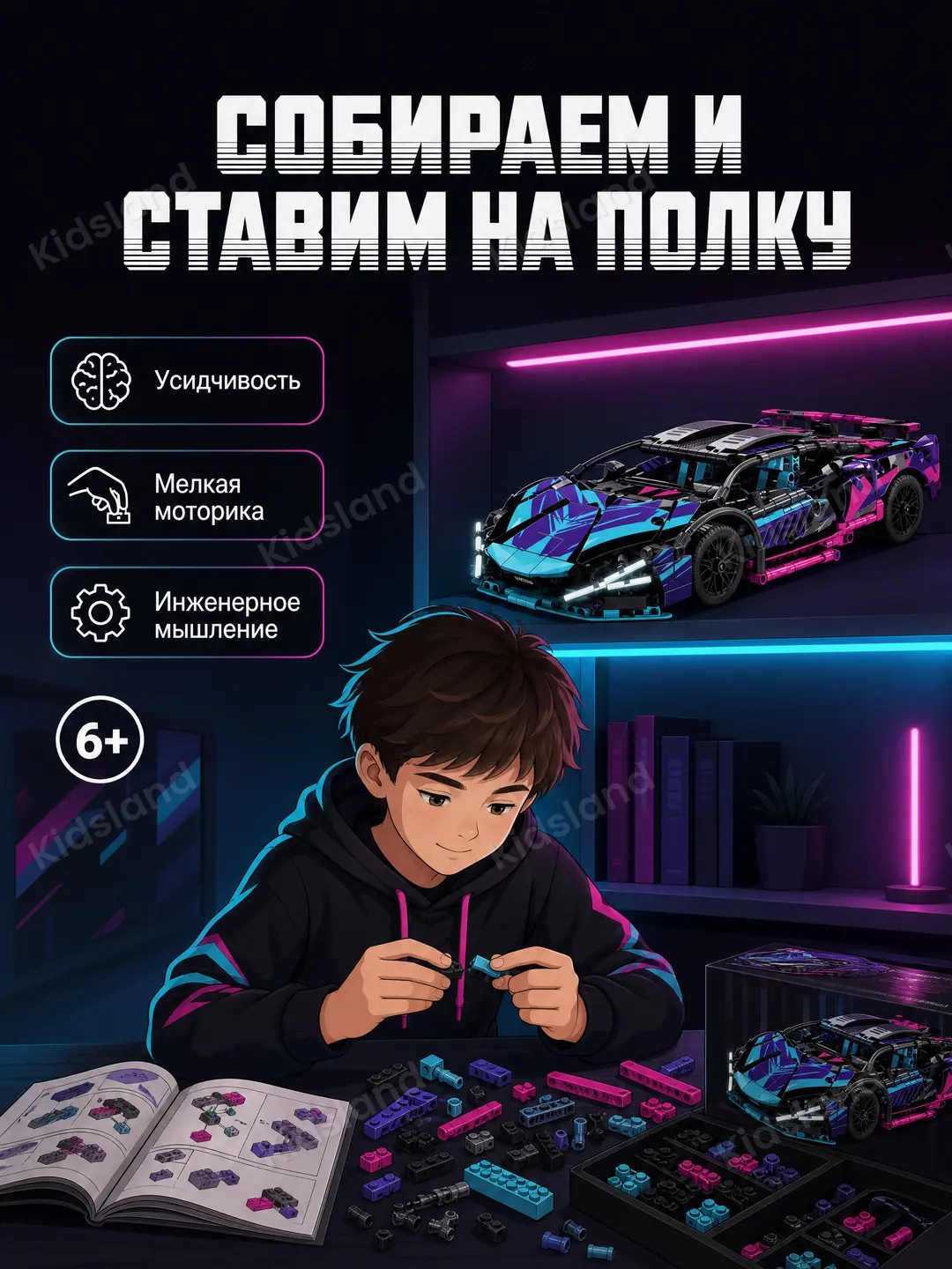 Konstruktor Avtomobil Lamborghini 1:14, superkar, 1280 detal, neon, 6+ — 5-rasm
