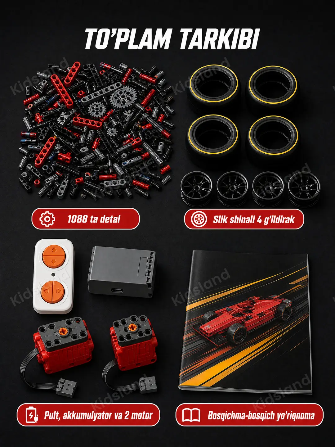 Radioboshqariladigan konstruktor Formula-1 bolidi Luck Brick, 1:10 masshtab, 1088 detallar — 8-rasm