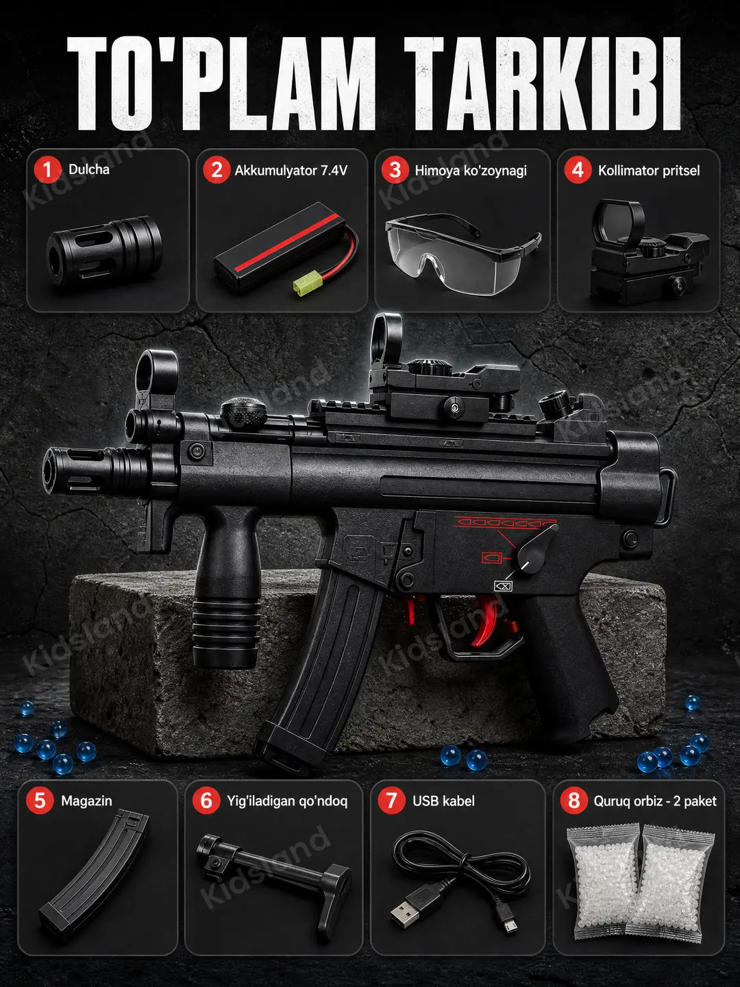 Orbeez avtomat MP5K elektr taktik, neylon korpusli, gidrobol o'yinchoq qurol — 5-rasm